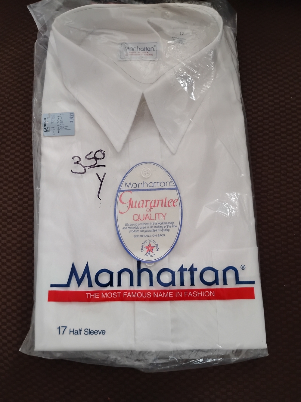 VTG Manhattan Mens Dress Shirt 17 XL White Short Sleeve Deadstock NOS Laneco
